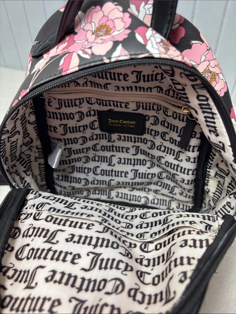 Juicy Couture‎ Black Floral Mini Backpack with Pink Blooms
